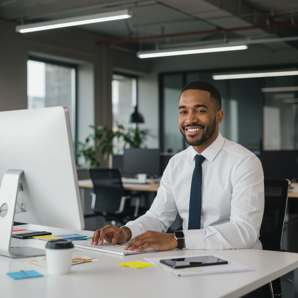 Um homem em um sua mesa em frente a um computador e com as mãos no teclado em um escritório