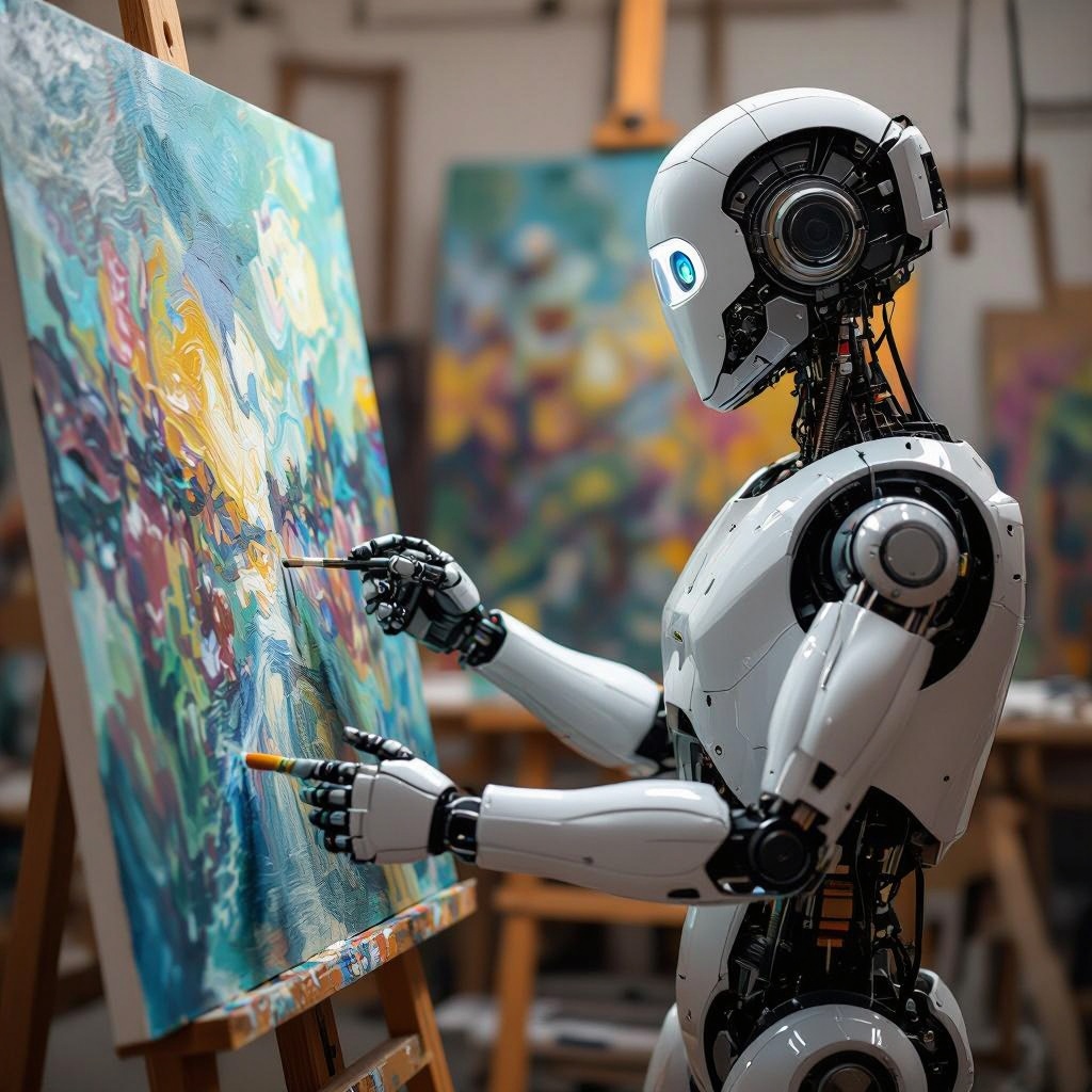 Robô pintando um quadro em um estúdio