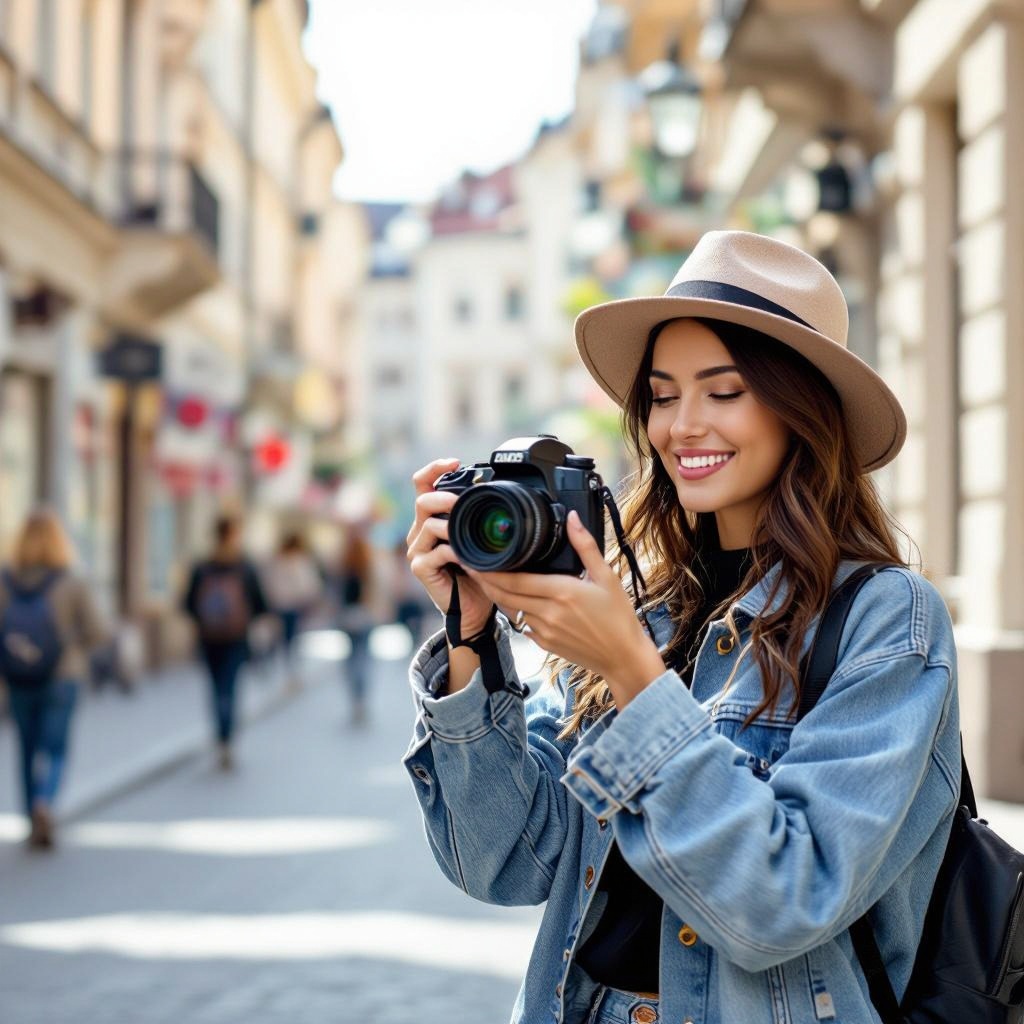 Mulher com chapeu e jaqueta, sorrindo e olhando para a tela de sua camera fotográfica em uma rua